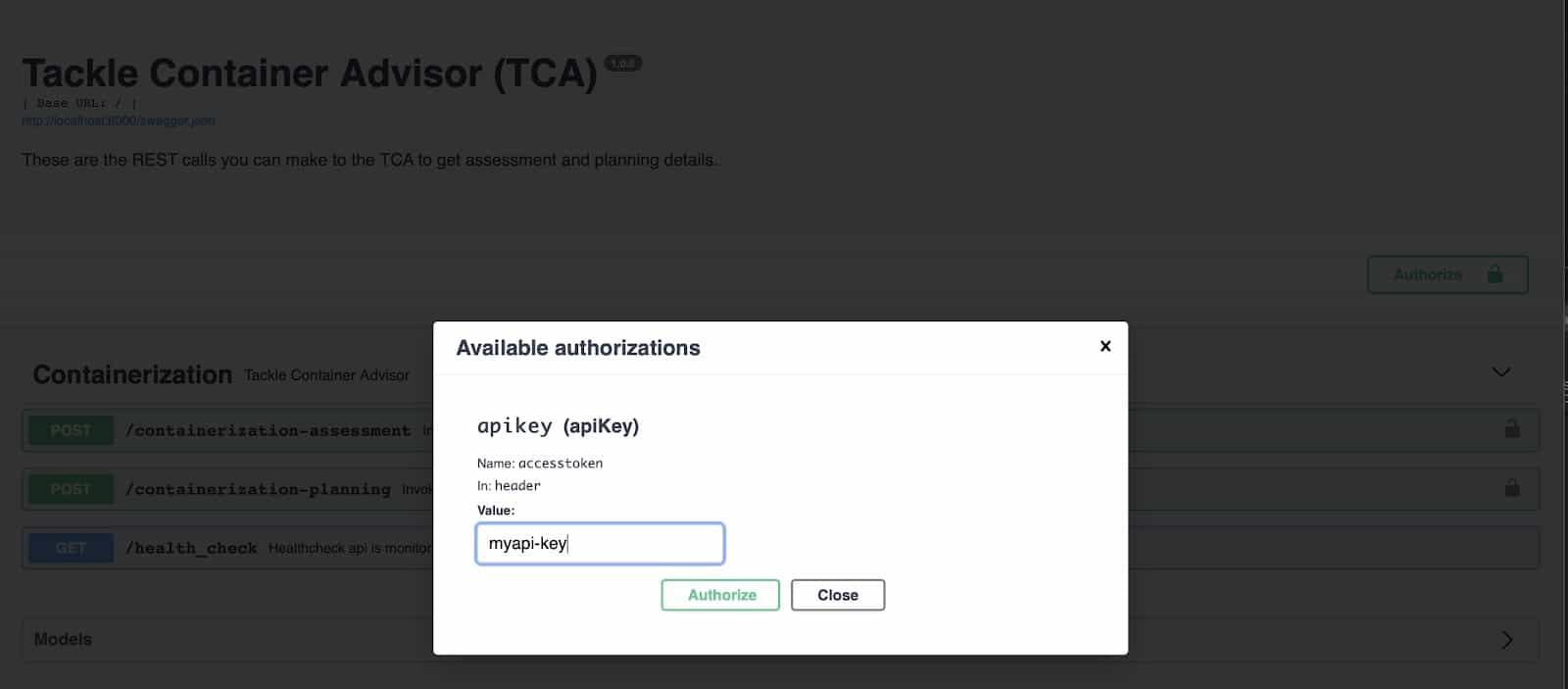 Screenshot showing TCA authorizations