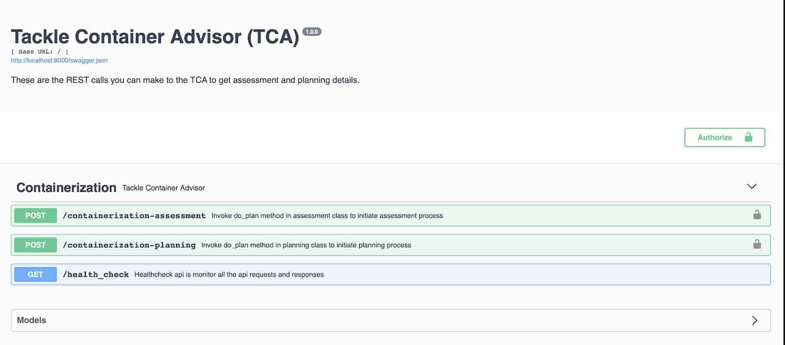 Screenshot showing TCA APIG page