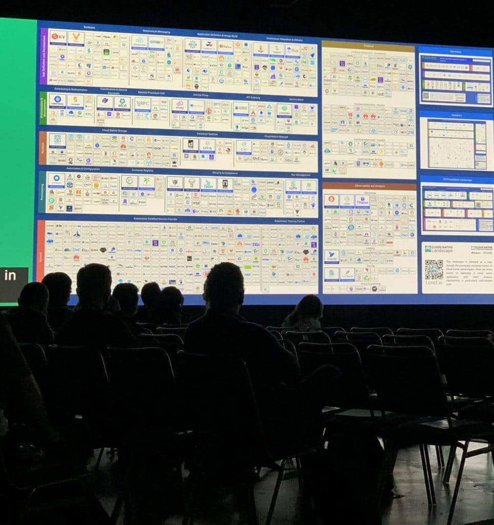 Participants sitting in a room looking at presentation from screen projector