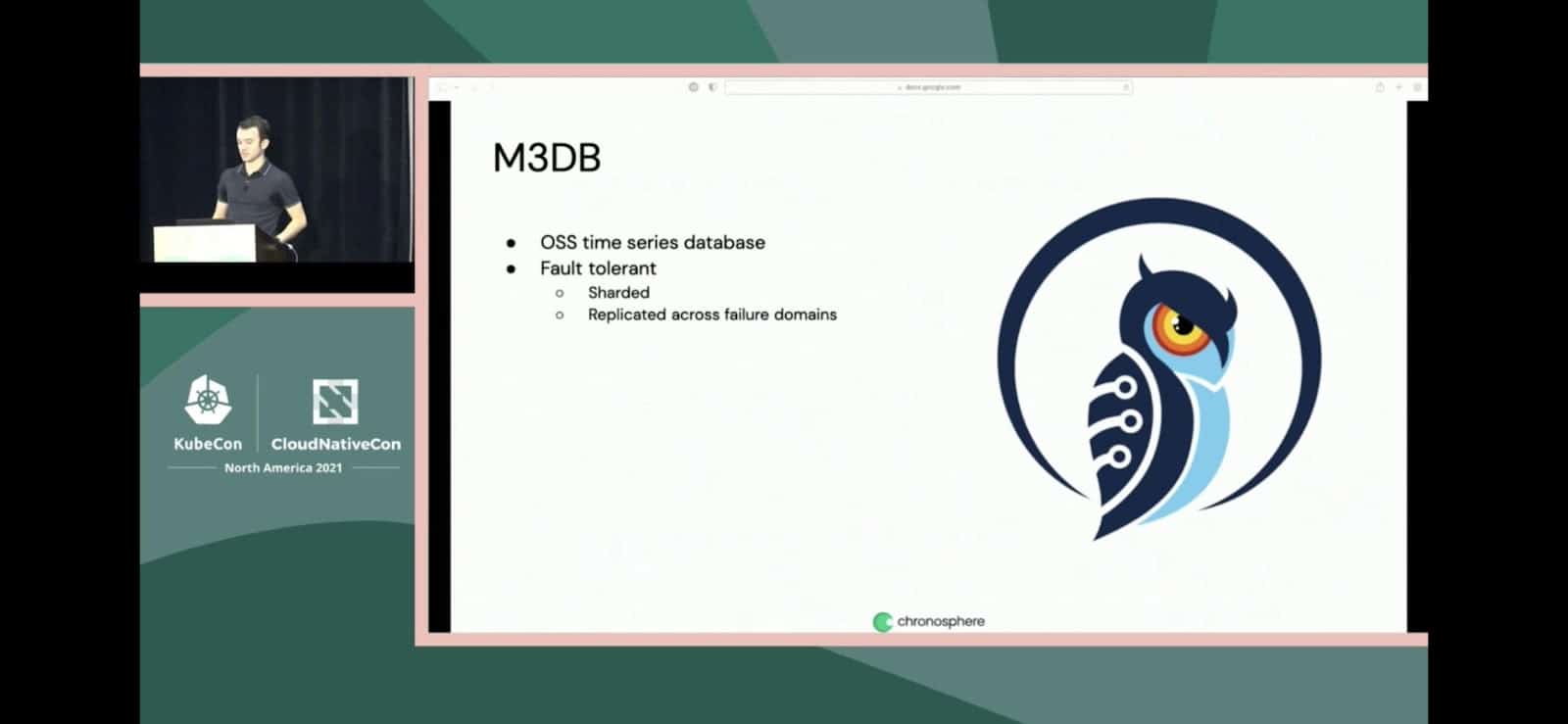 Screenshot of Matt Schallert presenting M3DB at PromCon North America 2021 event