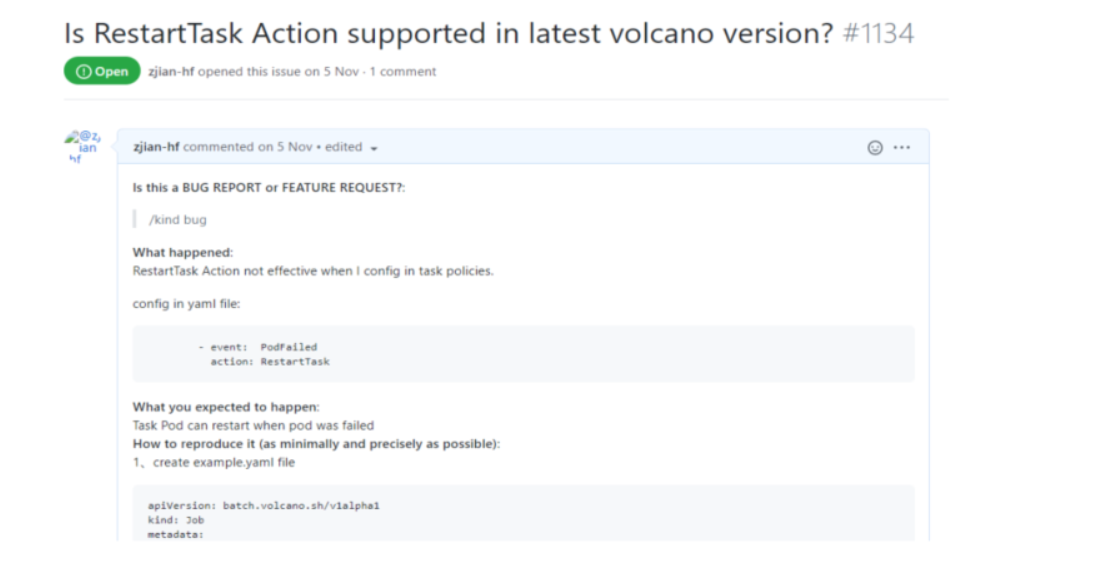 Screenshot showing solved problem regarding RestartTask Action supported in latest volcano version on Github