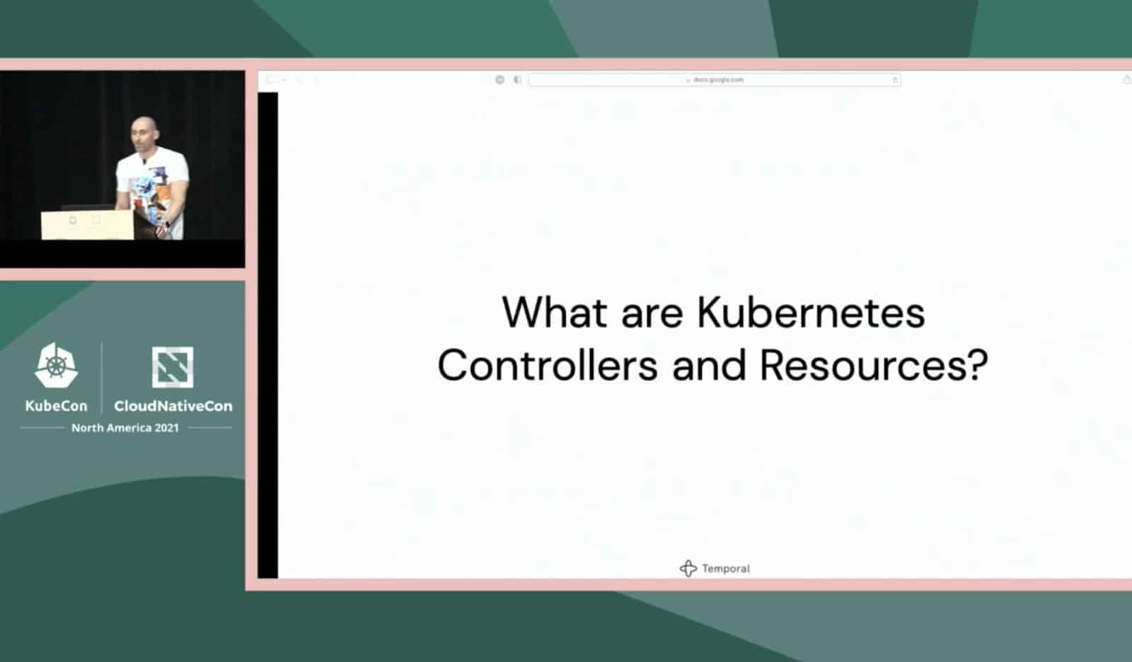 Screenshot of Dominik Tornow presenting What are Kubernetes Controllers and Resources at PromCon North America 2021 event