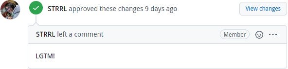 Screenshot showing STTRL approved changes and commented "LGTM!"