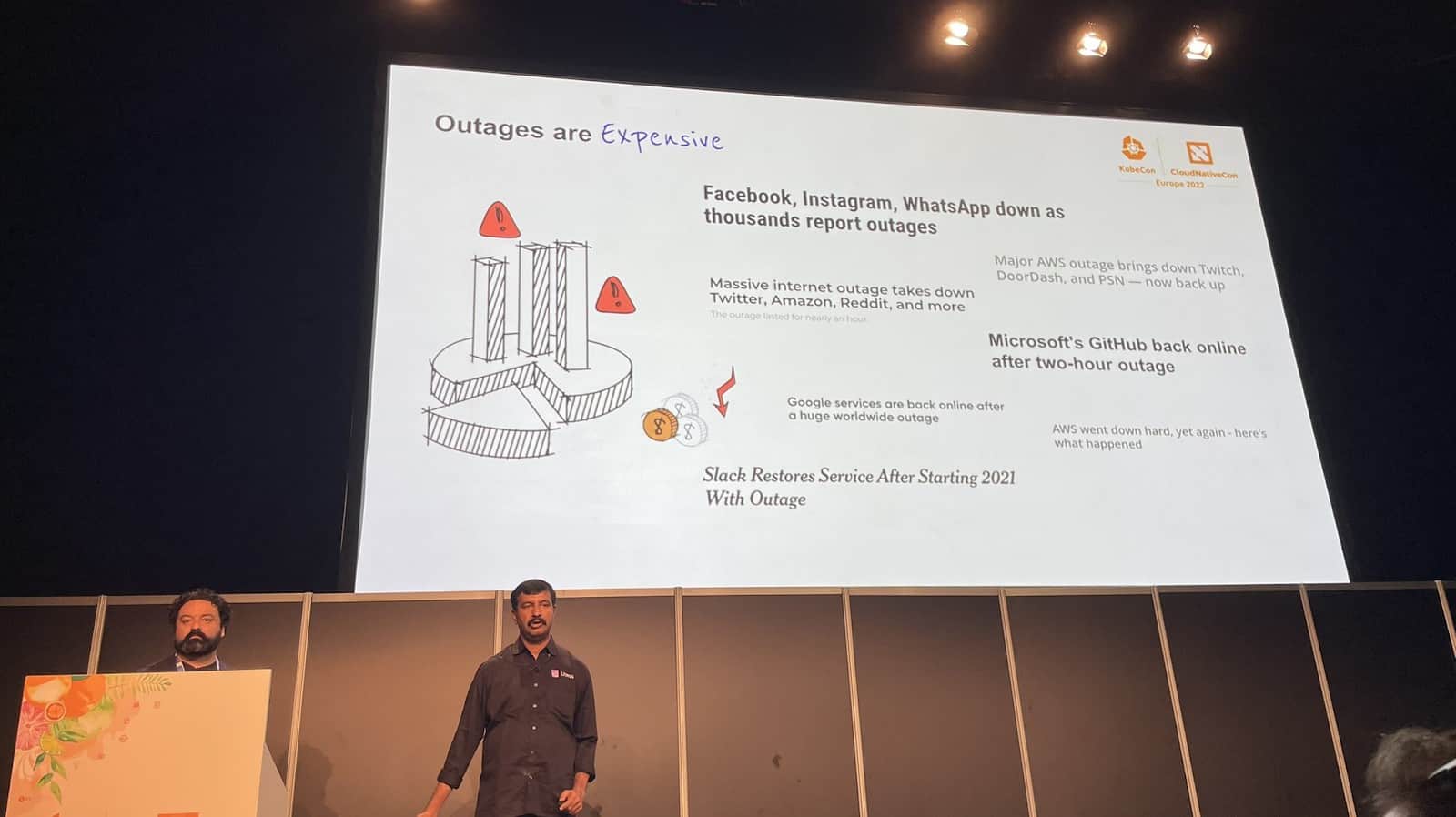 Uma Mukkara presenting in KubeCon + CloudNativeCon Europe 2022 about Outages are Expencive