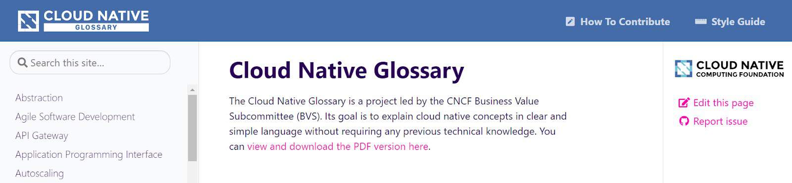 Screenshot of Cloud Native Glossary Homepage