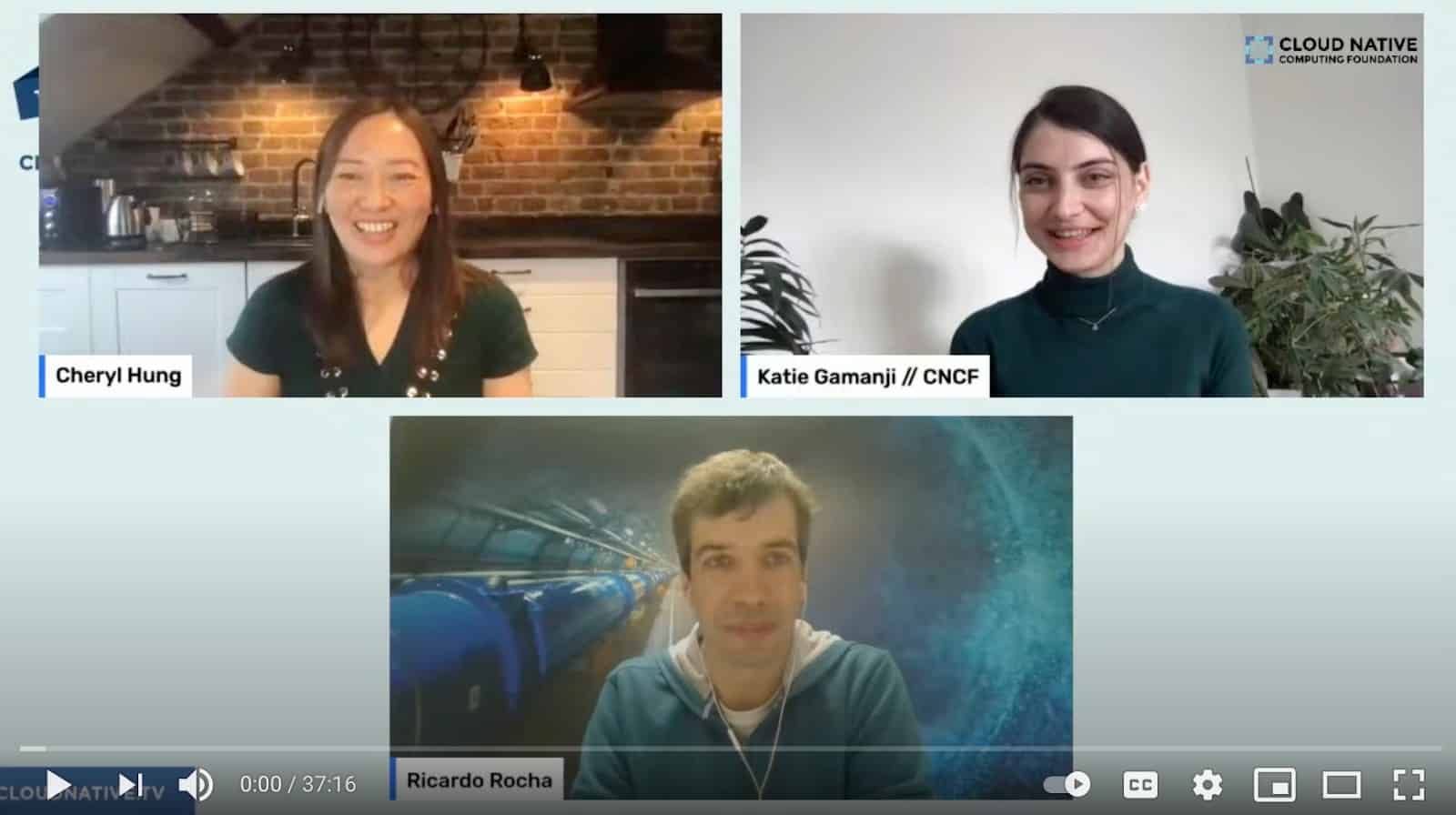 Screenshot showing video of Cheryl Hung, Katie Gamanji / CNCF, and Ricardo Rocha live streaming on CloudNativeTV