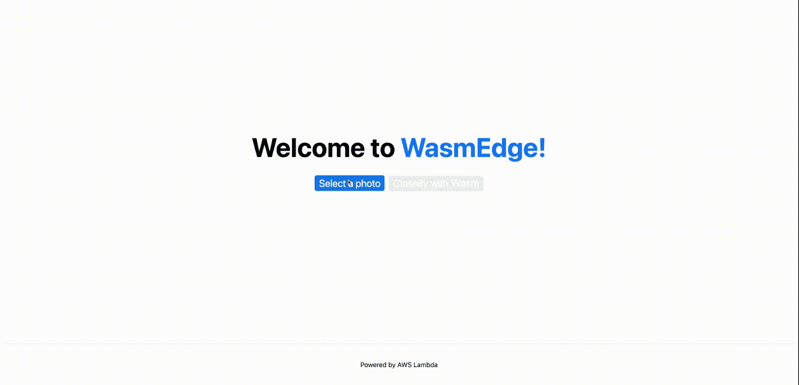 Screenshot of WasmEdge application welcome page with an arrow pointing "select a photo" option