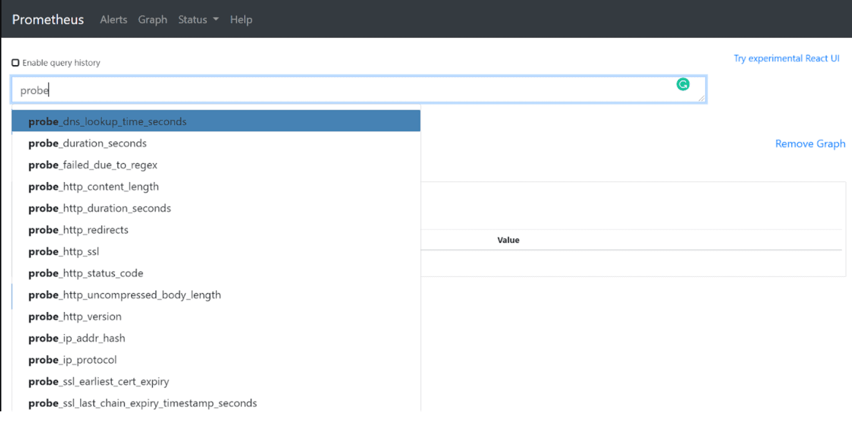 Screenshot shows Prometheus probe metrics