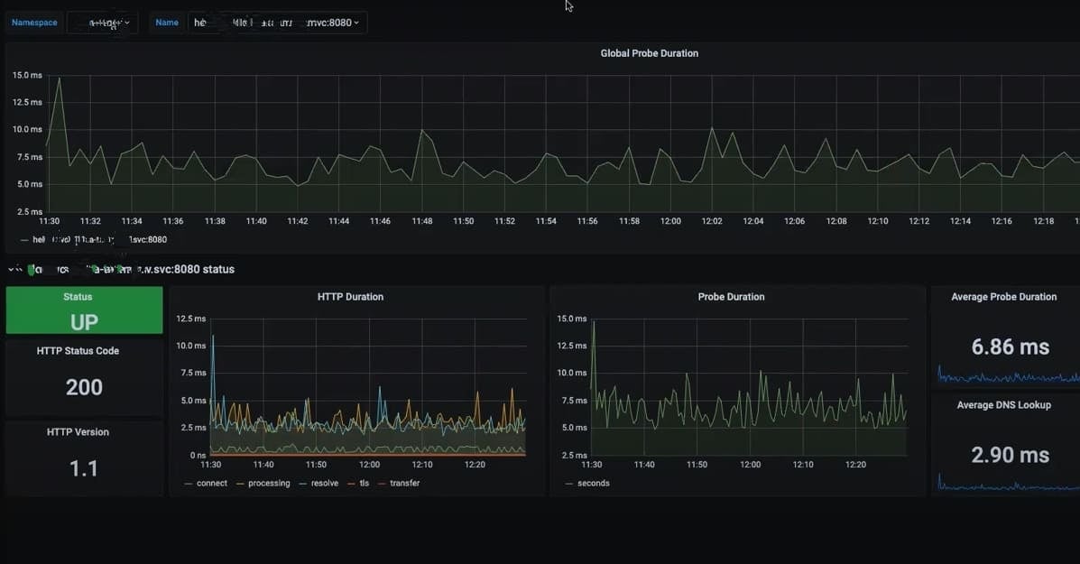 Screenshot shows service example in Grafana for Blackbox Exporter