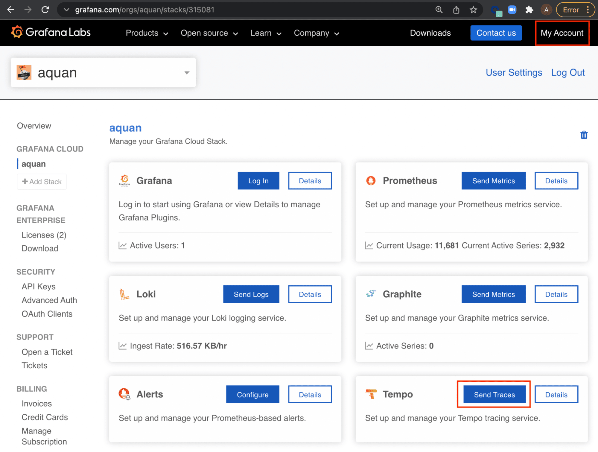 Screenshot shows Grafana Cloud UI to configure traces with Grafana Tempo