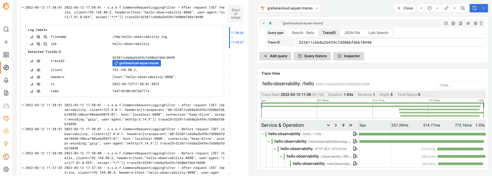 Spring Boot application in Grafana Cloud: UI for correlating logs and traces