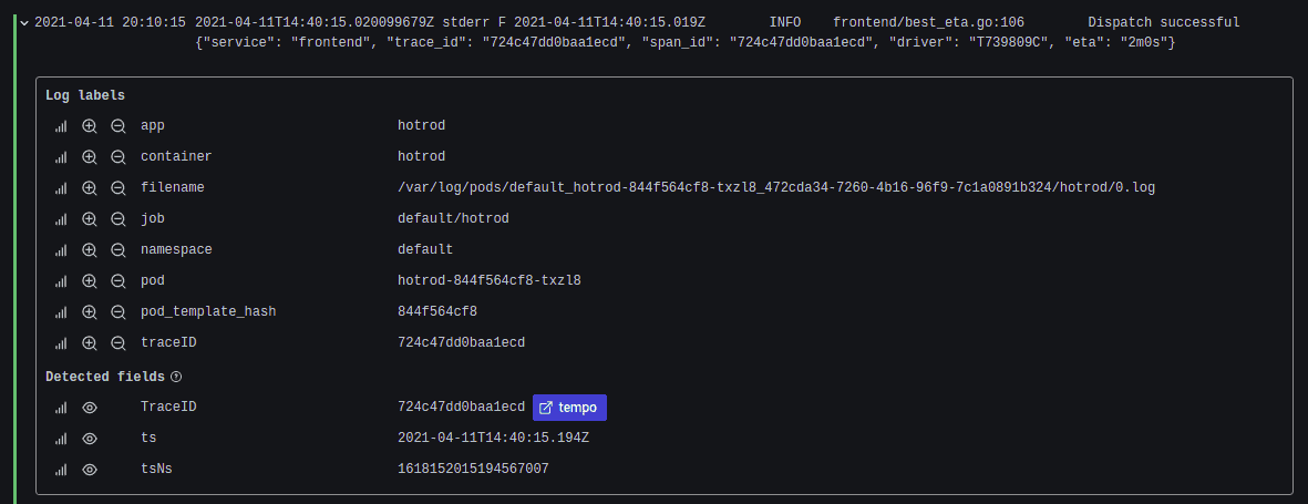 Screenshot of Tempo derived fields