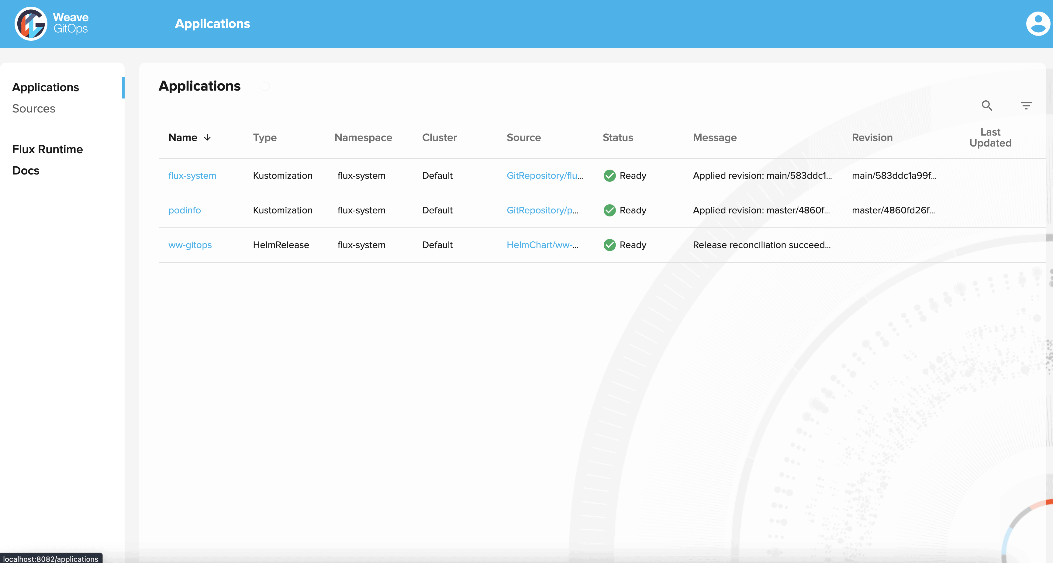 Screenshot showing applications on Weave GitOps