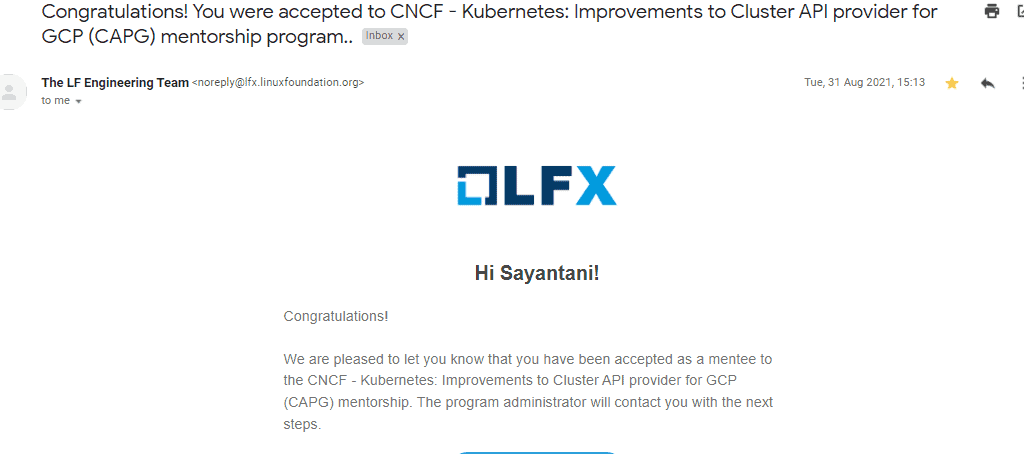 Screenshot showing congratulations email to Sayantani that she has been accepted as a mentee to the CNCF - Kubernetes: Improvements to Cluster API provider for GCP (CAPG) mentorship.