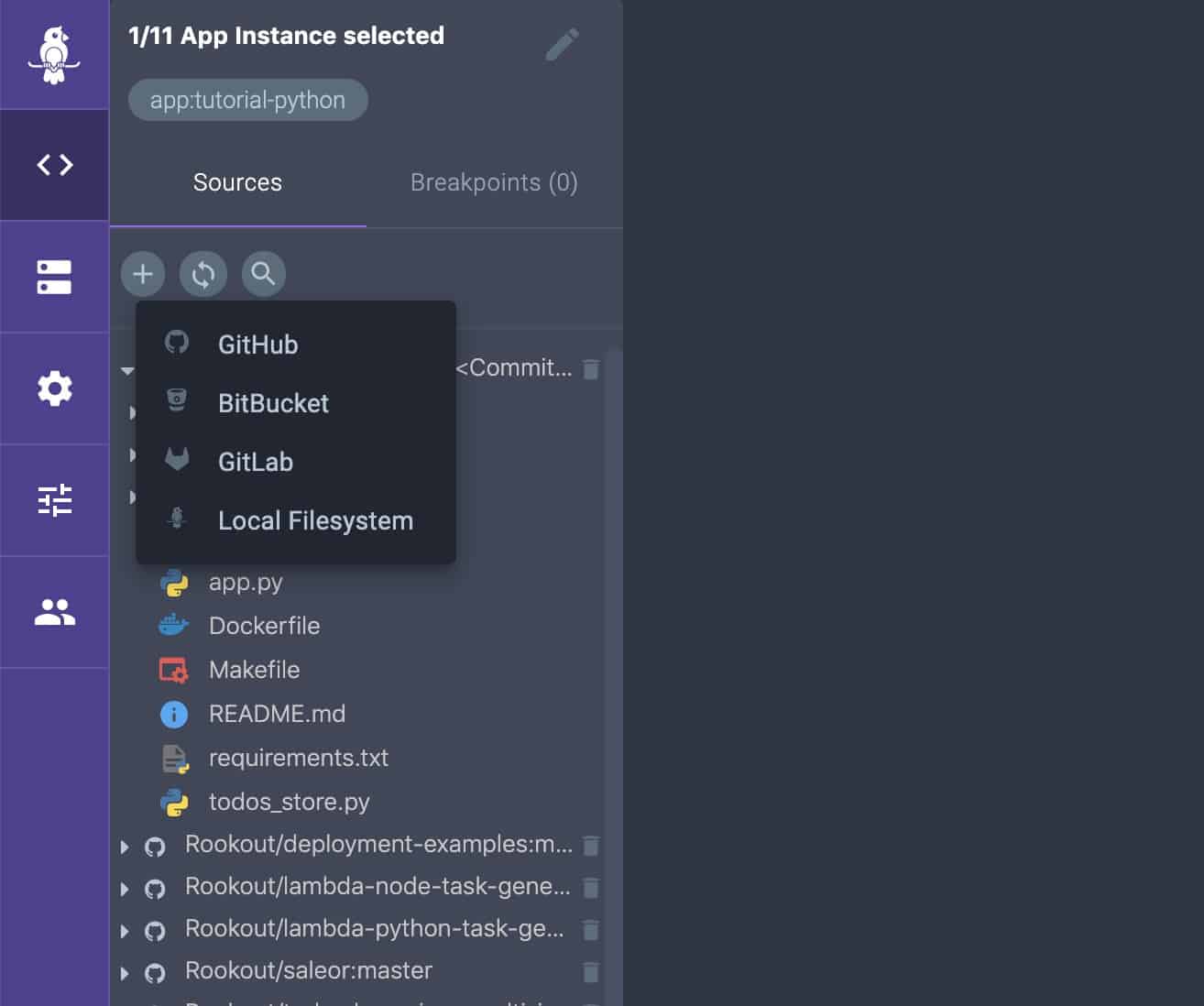 Screenshot of Rookout app, app instance selected showing popup window selection of GitHub, BitBucket, GitLab and Local Filesystem