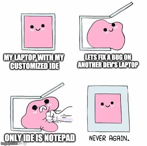 Pink bolb in the box saying "My laptop with my customized IDE. Let's fix a bug on another dev's laptop. Only IDE is notepad. Never again"
