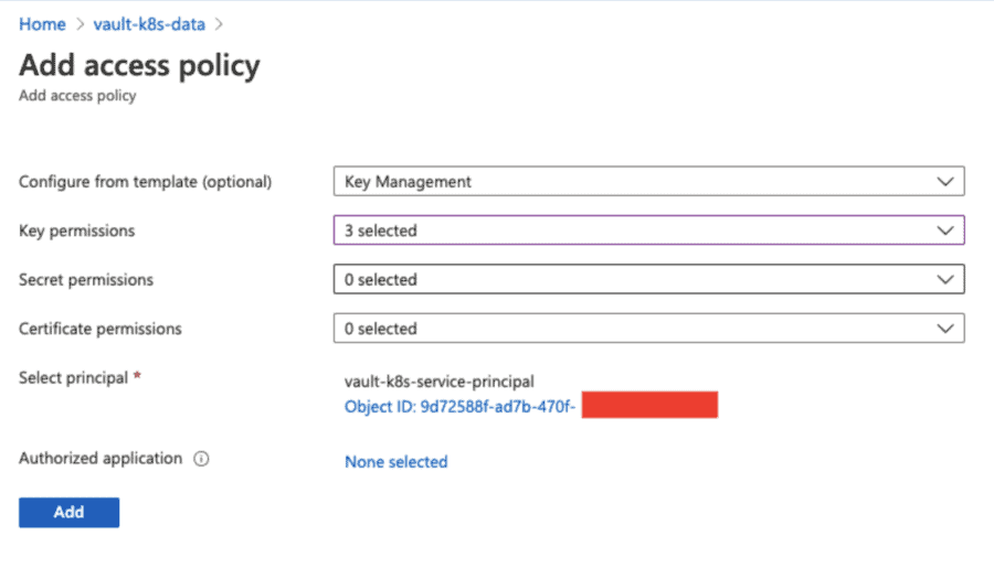 Screenshot showing add access policy of vault-k8s-data