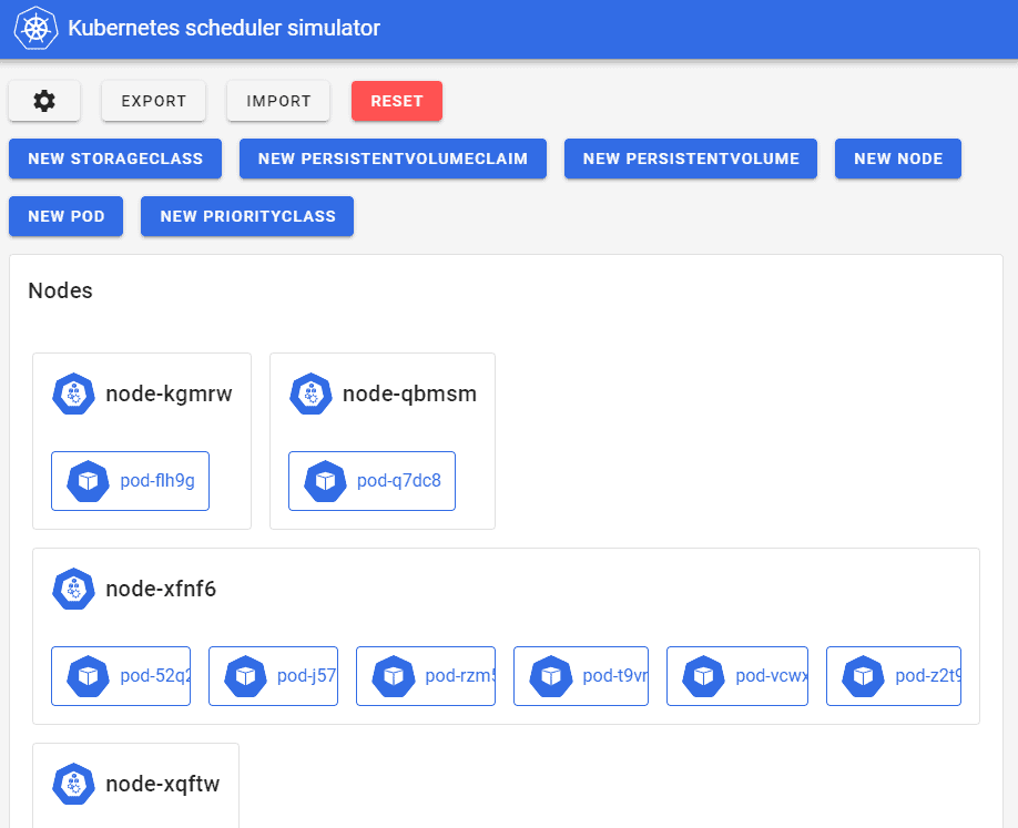 Kubernetes scheduler simulator showing node-kgmrw, node-qbmsm, node-xfnf6, node-xqftw