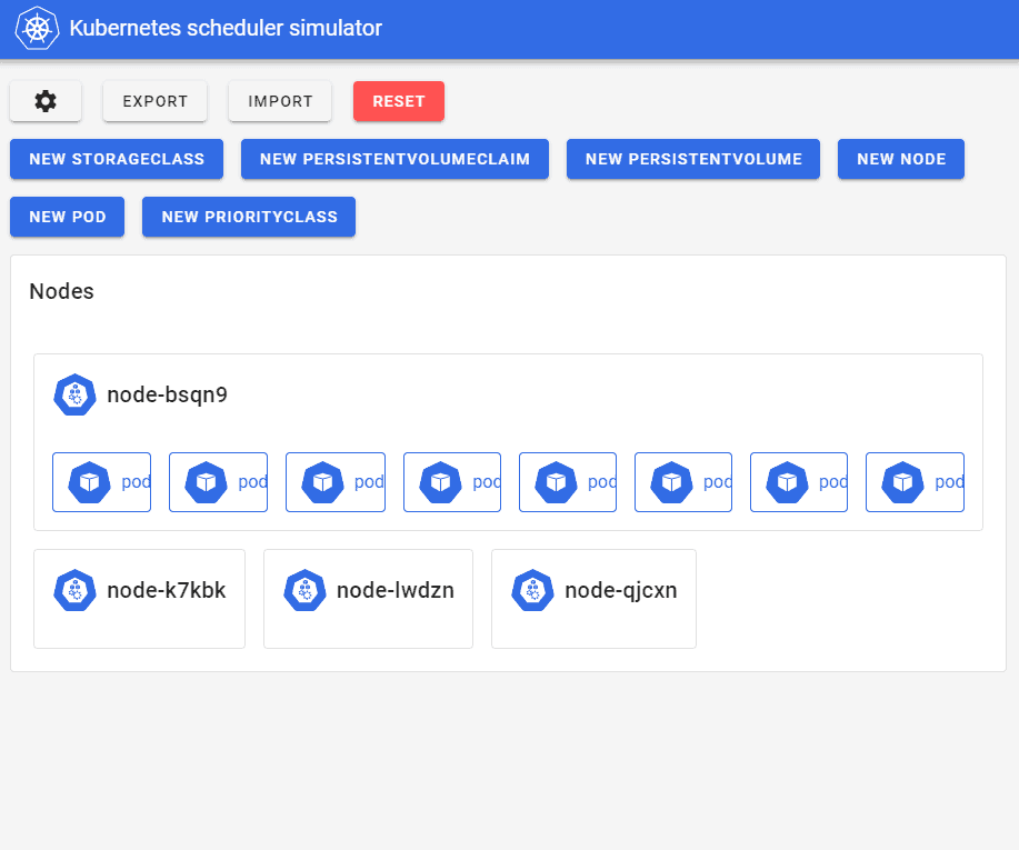 Kubernetes scheduler simulator showing node-bsqn9, node-k7kbk, node-lwdzn, node-qjcxn