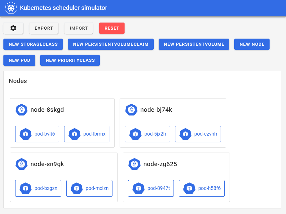 Kubernetes scheduler simulator showing node-8skgd, node-bj74k, node-sn9gk, node-zg625