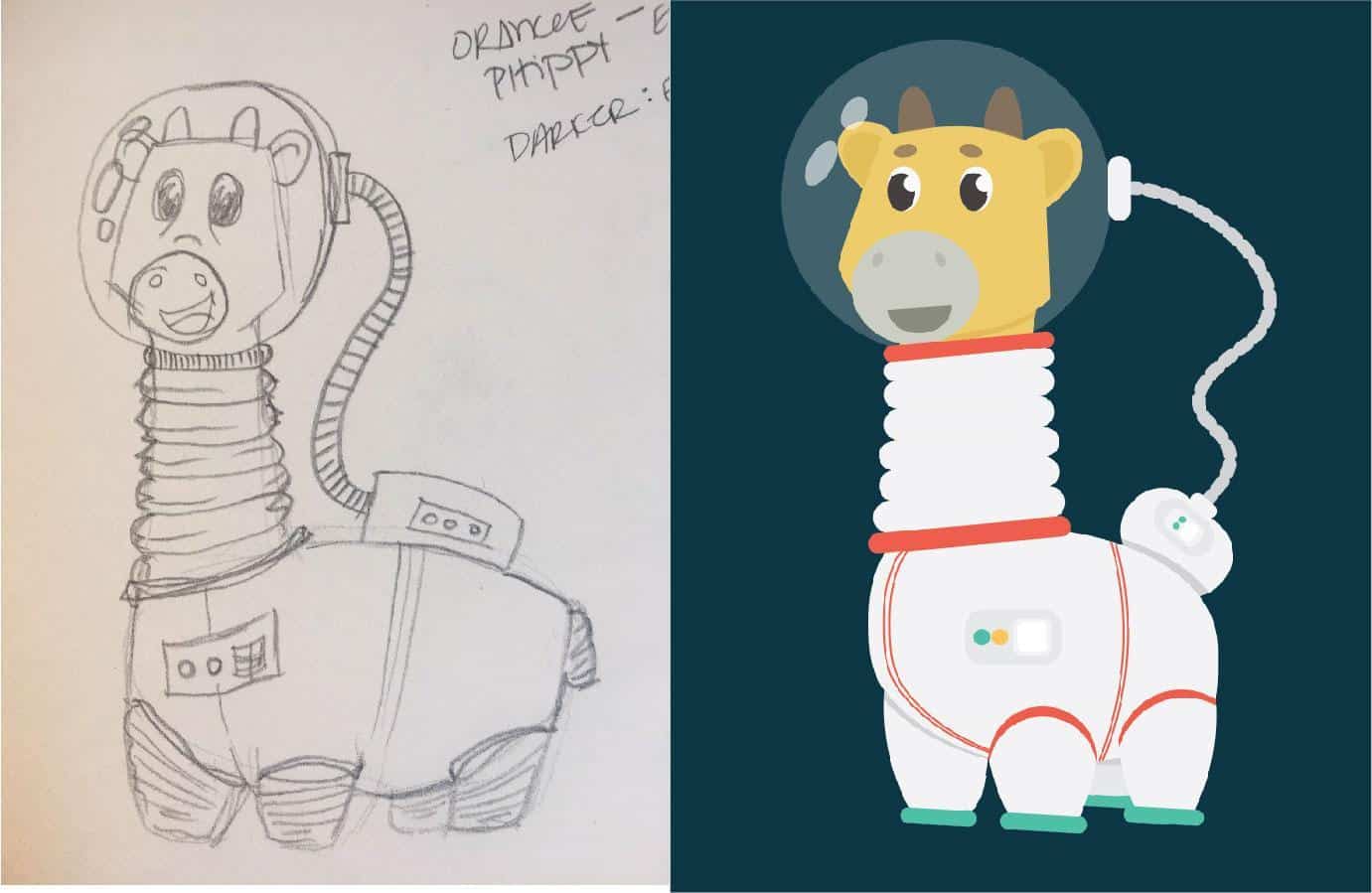 (left) Pencil sketch idea of Phippy wearing space suit(right) Phippy in space suit is finalized and colored digitally