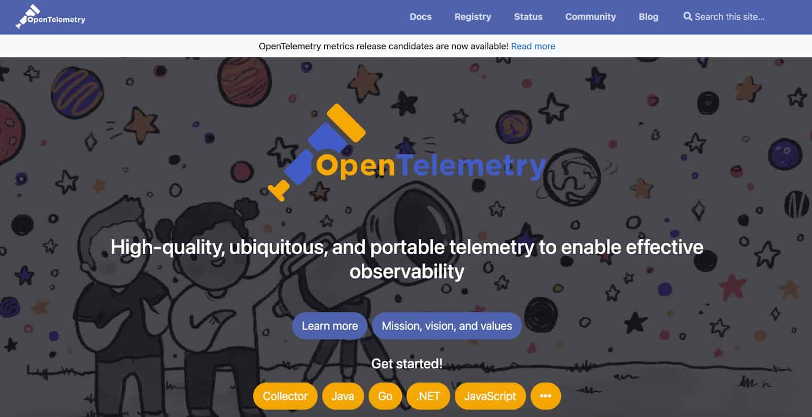 Screenshot of OpenTelemetry website homepage