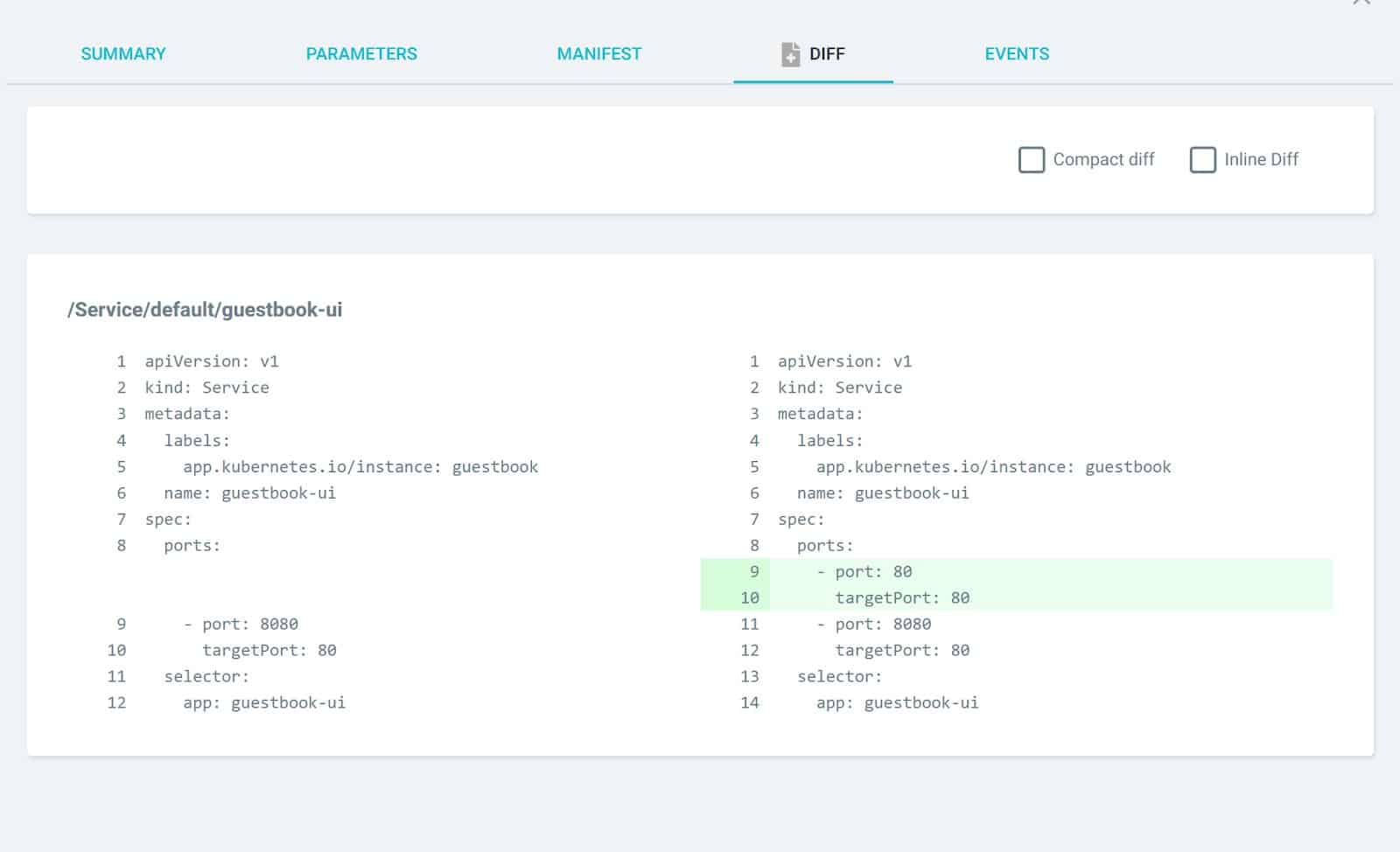 Argo CD screenshot on diff option, showing "add" port and targetPort