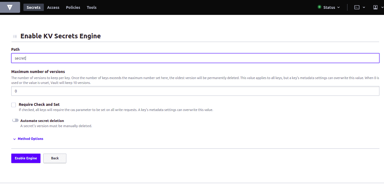 Screenshot showing enable KV Secrets Engine page