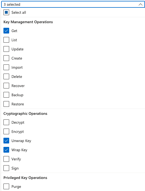 Screenshot showing selections of key management operations, cryptographic operations and privileged key operations