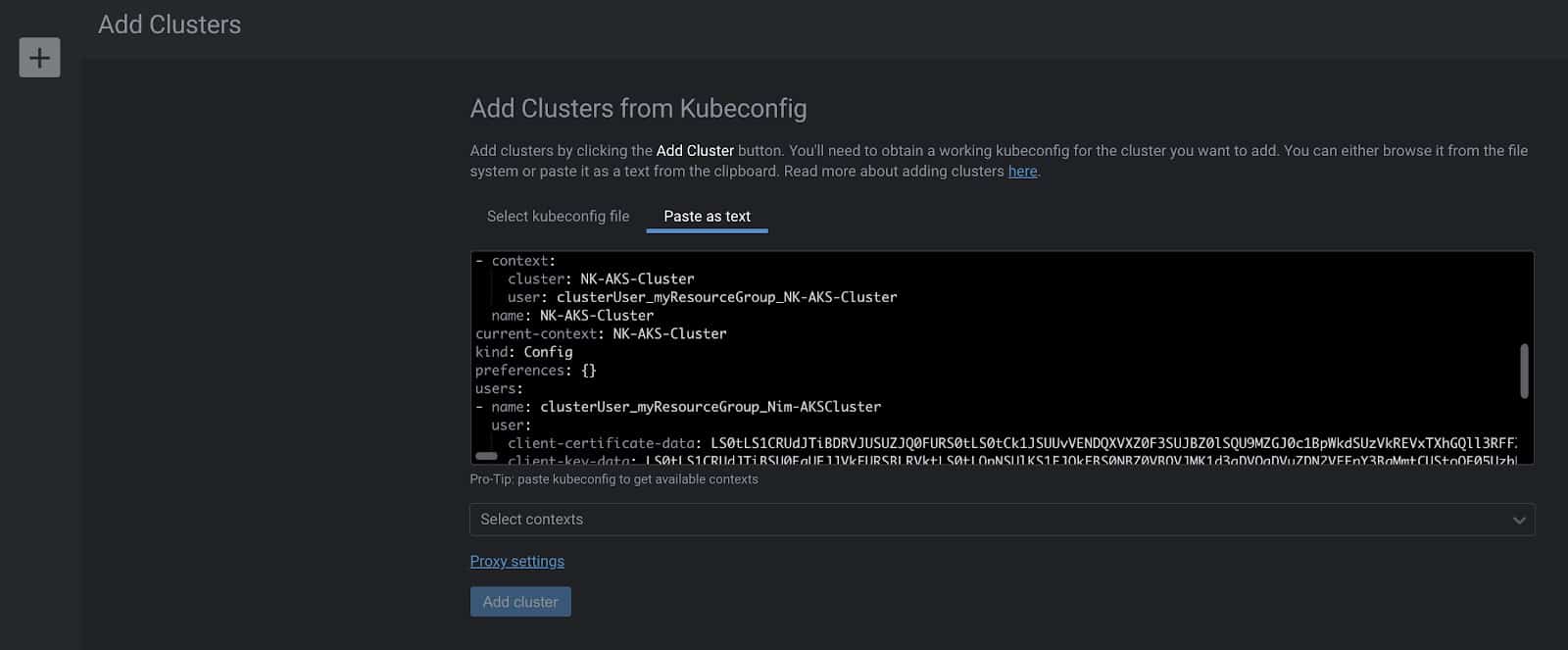 Screenshot showing add clusters from Kubeconfig on Lens