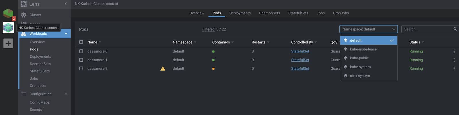 Screenshot showing workloads option of Lens