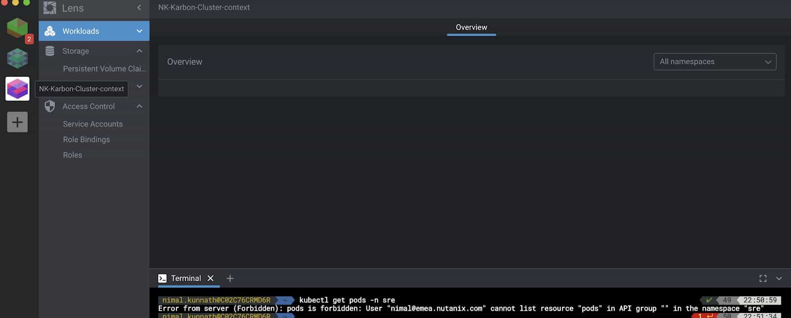 Screenshot showing kubeconfig file imported but error from server (forbidden)