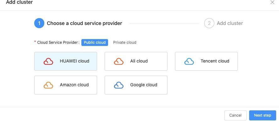 Screenshot showing choose a cloud service provider page