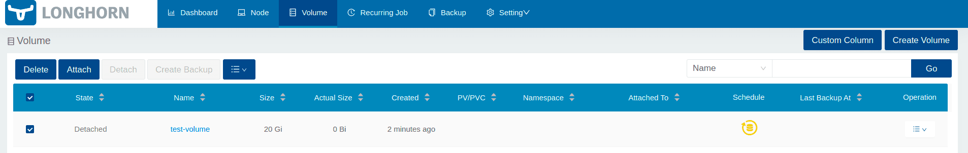 Screenshot showing manually attaching a Longhorn volume