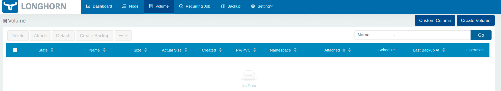 Screenshot showing Longhorn volume tb