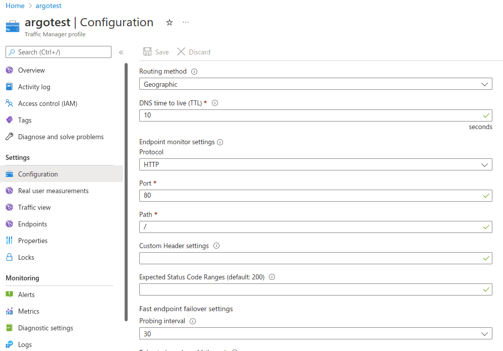 Screenshot showing argotest configuration