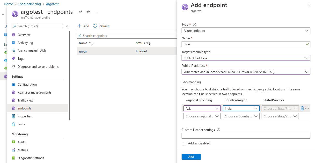 Screenshot showing adding endpoint on argotest