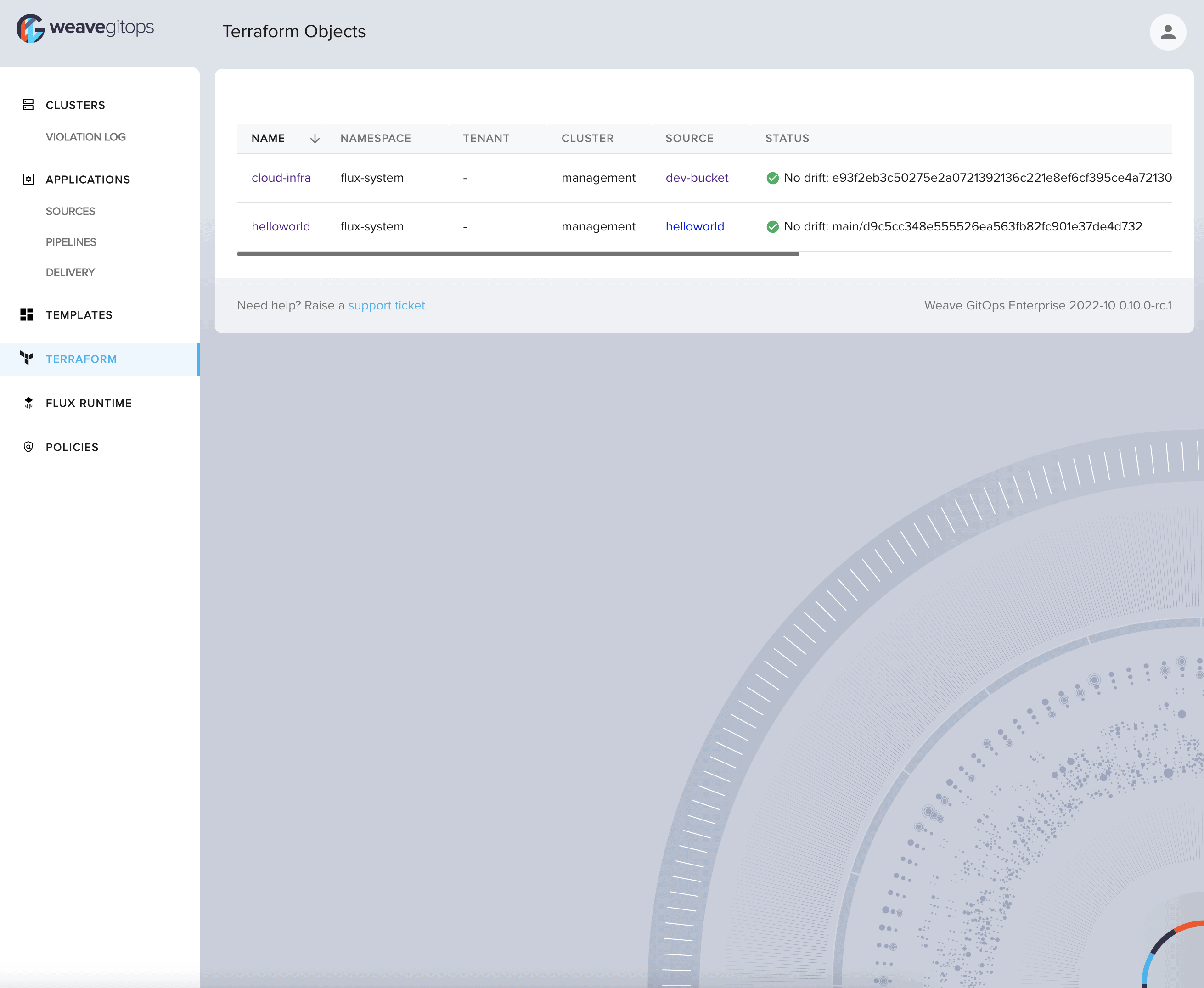 Screenshot showing weavegitops Terraform Objects page