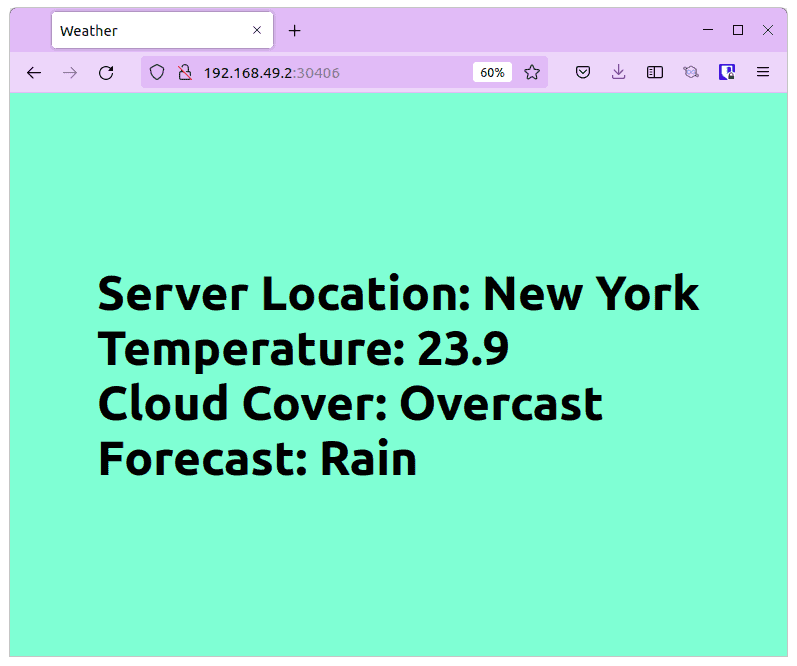 Screenshot showing weather with server location: New York, temperature: 23.9, cloud cover: overcast, forecast: rain