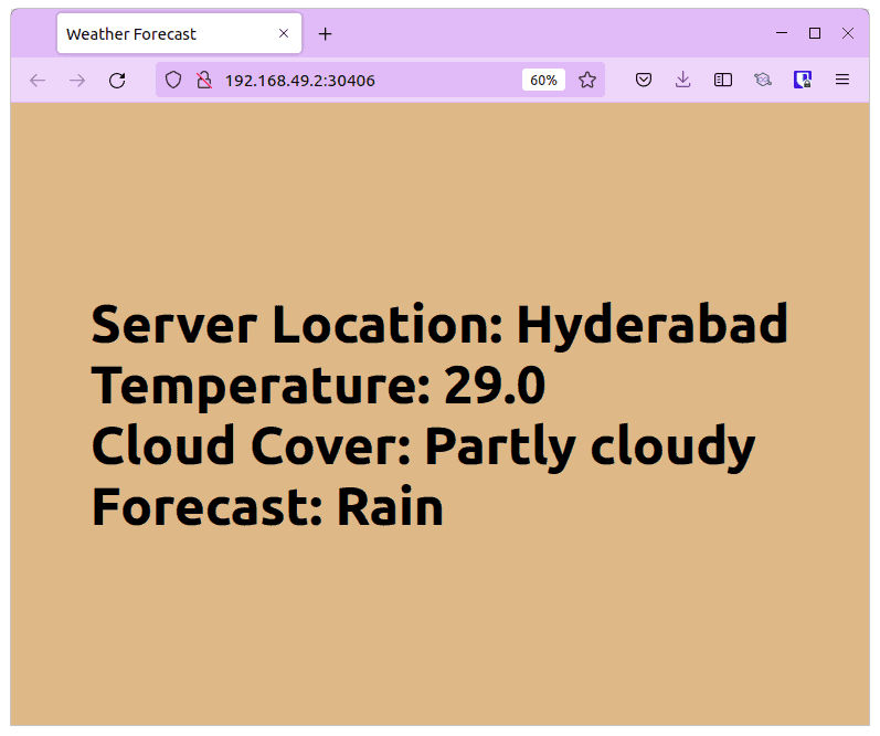 Screenshot showing weather forecast with server location: Hyderabad, temperature: 29.0, cloud cover: partly cloudy, forecast: rain