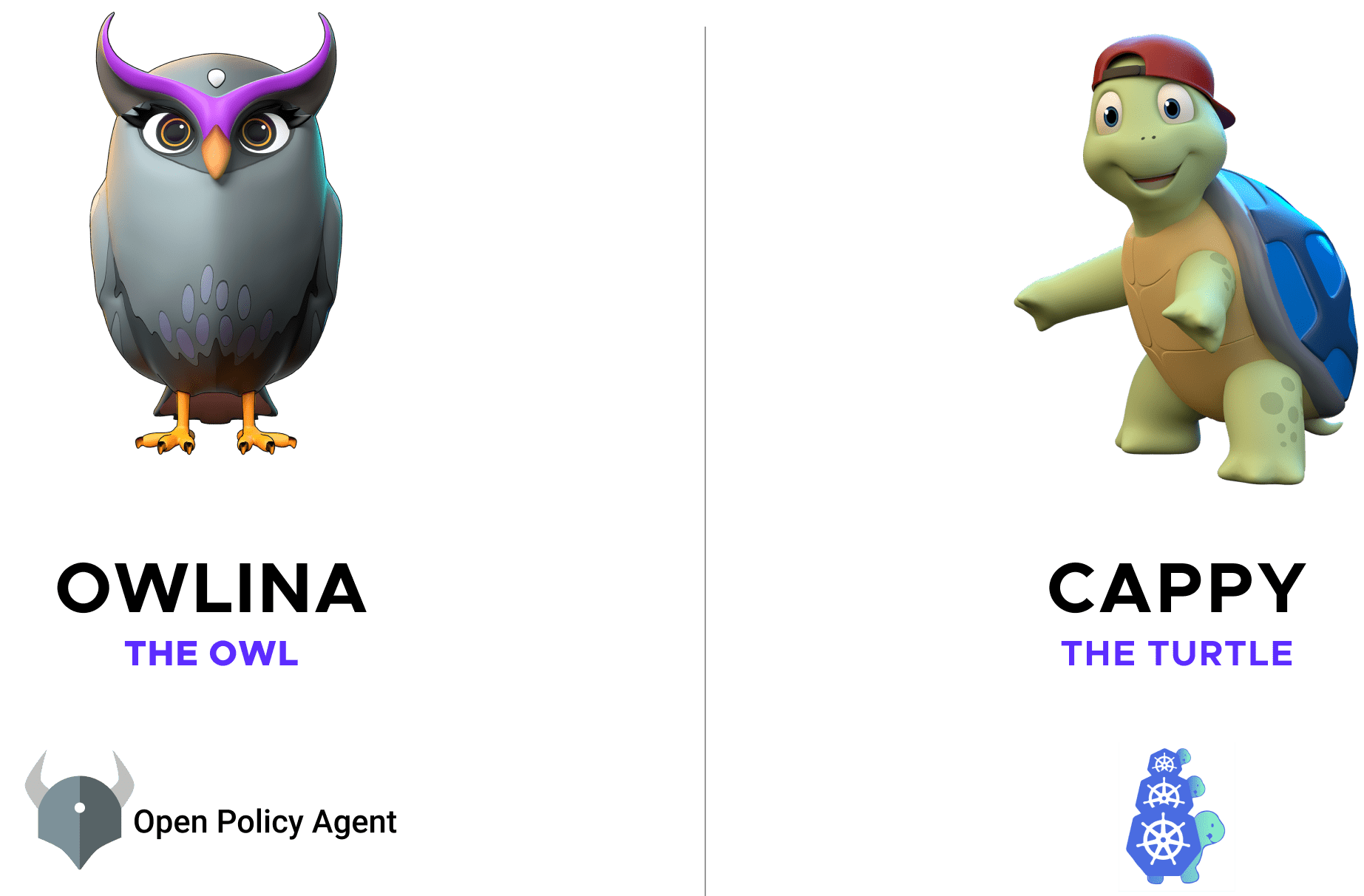 New Phippy characters, Owlina The Owl, donated by Open Policy Agent and Cappy The Turtle