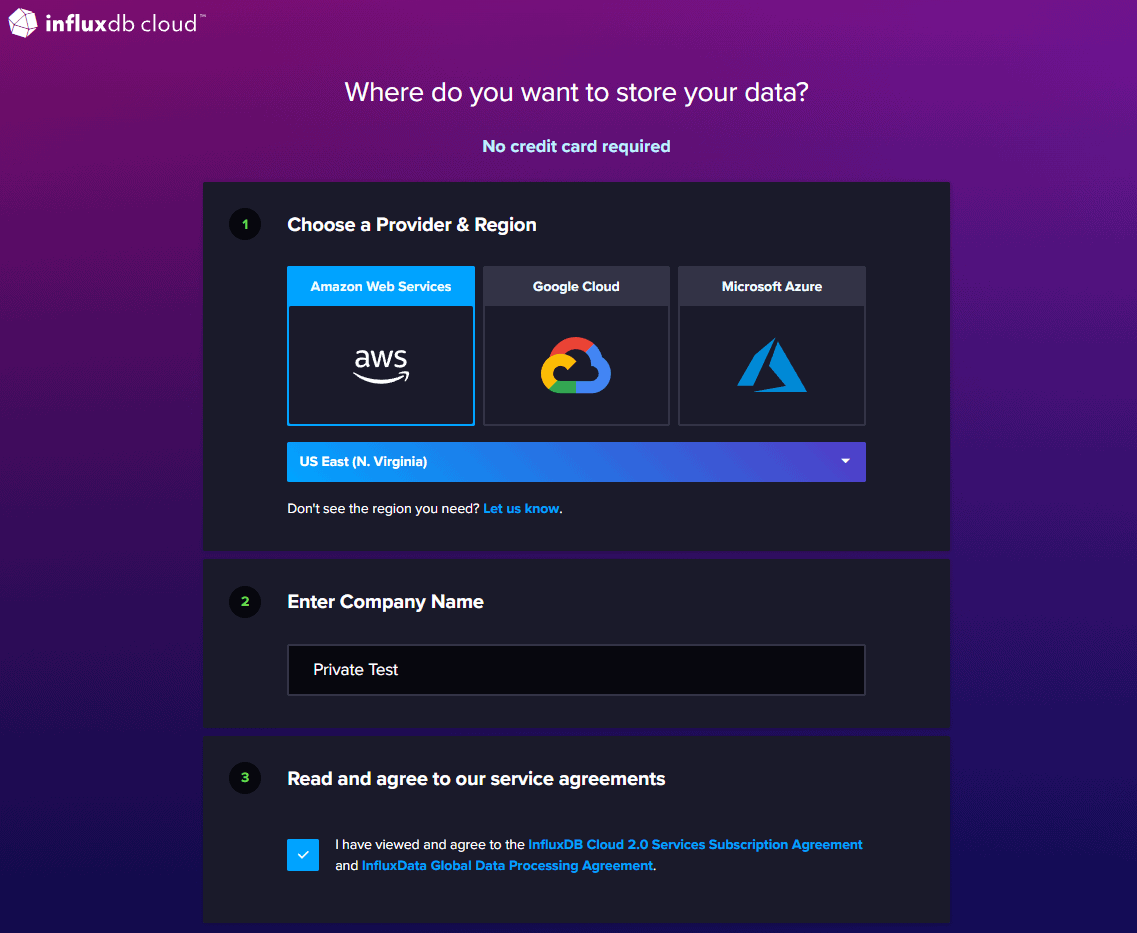 Screenshot showing next step of registration: choose a provider and region, enter company name and service agreements on InfluxDB Cloud