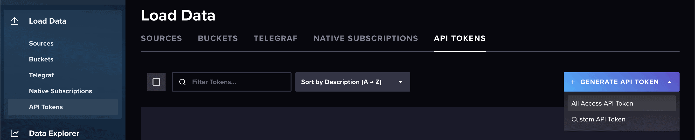 Screenshot showing Load Data page, API Tokens, + Generate API Token and All Access API Token clicked on drop down menu