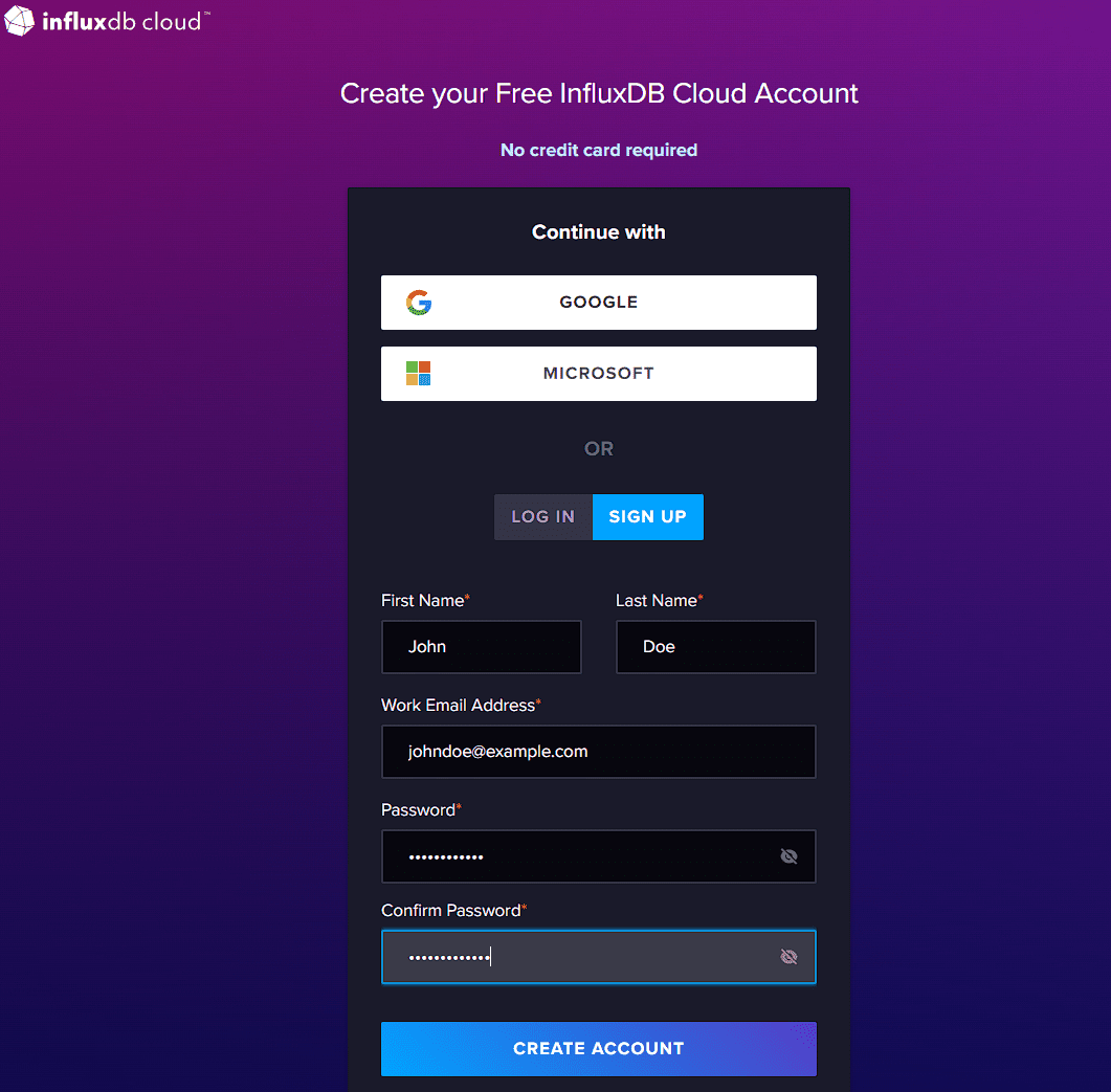 Screenshot showing InfluxDB Cloud Account sign up page