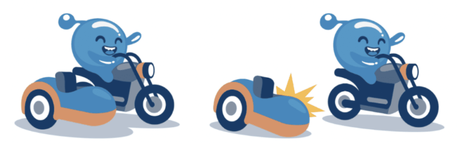 Solo.io mascot riding a motorbike with passenger seat and then get rid of the passenger seat riding in solo motorbike happily
