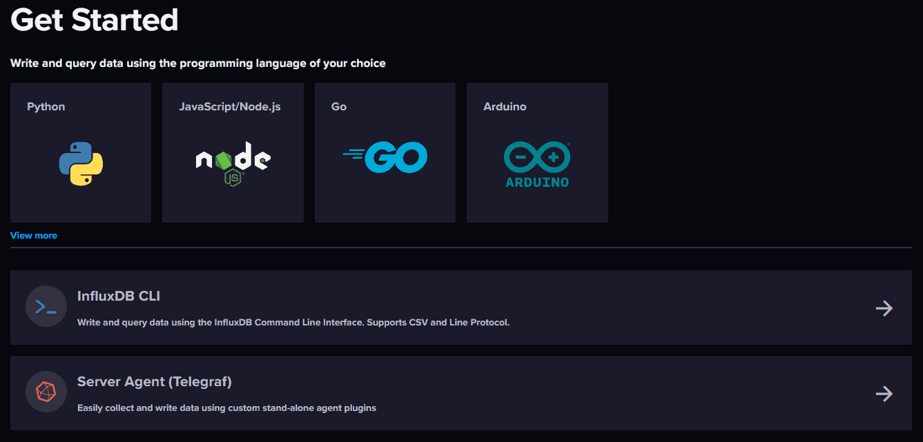 Screenshot showing Get Started page with InfluxDB