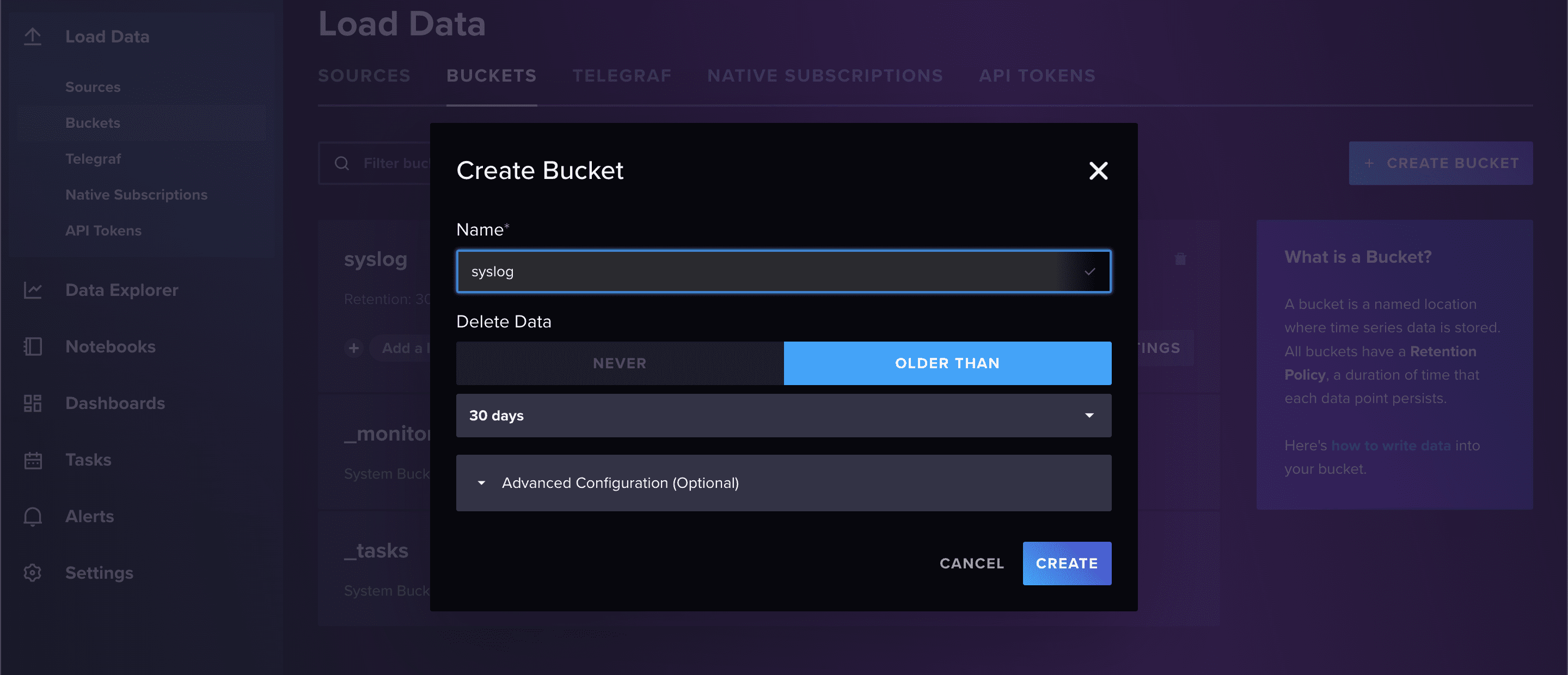 Screenshot showing Create Bucket window