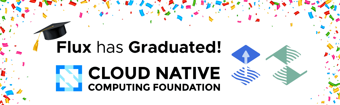 Congratulations banner from Cloud Native Computing Foundation saying "Flux has graduated!"