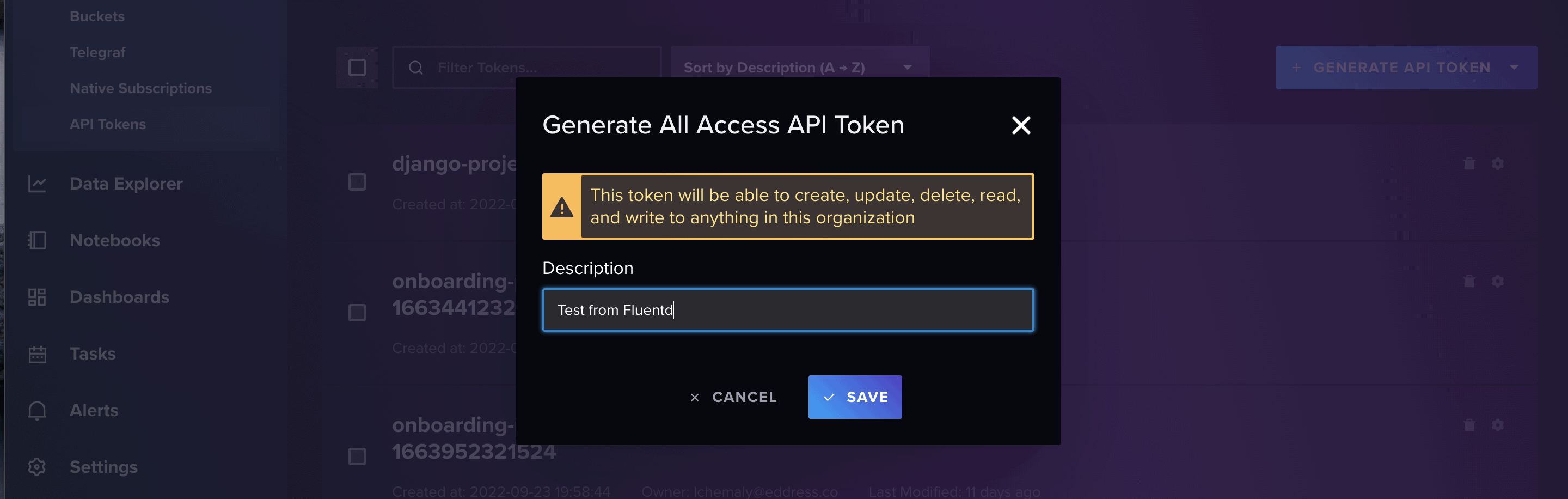 Screenshot showing Generate All Access API Token window