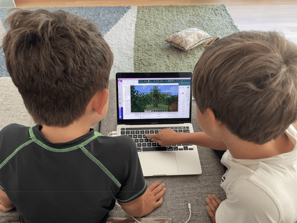 Two boys sitting on carpet paying attention to the laptop